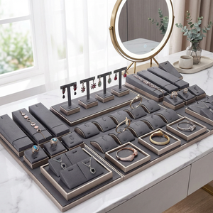 OEM Custom Holder Color PU <b>Leather</b> Wooden Ring <b>Bracelet</b> Chain Display Jewelry Display Stand Sets for Store - Product Image 2