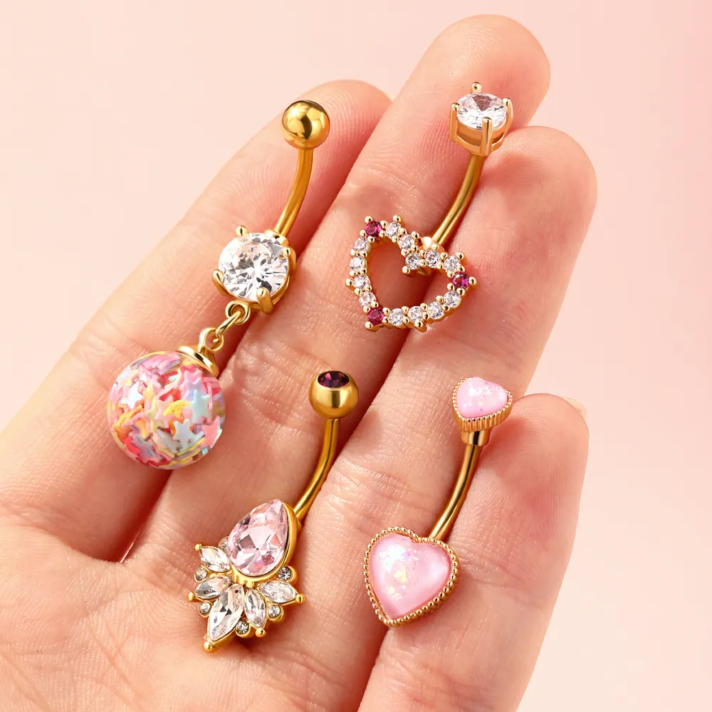 Set tindik perut baja bedah, Hypoallergenic lucu berkilau Pink CZ hati kancing perut cincin pusar cincin perut