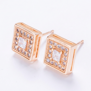 Pendientes de botón cuadrados de circonita cúbica chapados en oro rosa para niños, con incrustaciones de cristal vintage, geométricos, para fiesta de boda - Product Image 1
