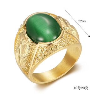 Bague Aigle en Acier Inoxydable Plaqué Or pour Homme, Bijou Géométrique avec Sertissage Clos, Pierre Verte et Noire, Rivets à Points, Cadeau - Product Image 4