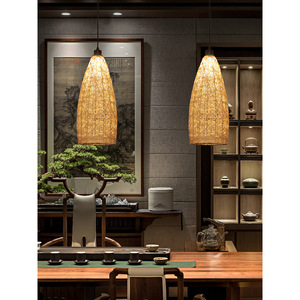 Lustre suspendu en rotin tressé artisanal, long, à une seule tête, avec ampoule LED E27, pour salon, chambre à coucher, bureau, salle de thé - Product Image 3