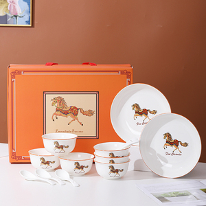 14 piezas 6 tazones 6 cucharas y 2 paltes Caballo Vajilla juego de cena de cerámica de lujo vajilla de hotel vajilla - Product Image 4
