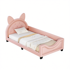 Cama de Día Tapizada Tamaño Individual con Cabecera de Orejas de Gato, Cuero Sintético Rosa, Cama Moderna y Suave, Muebles de Dormitorio - Product Image 1
