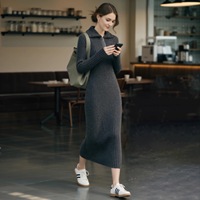 Robe midi en tricot pour femme, col châle, demi-zip, extra longue, grande taille, droite, simple, naturelle, ODM
