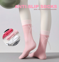 Chaussettes de Pilates personnalisées en gros avec nœud décoratif, en coton respirant, double revers, sans couture, antidérapantes, pour femmes, yoga et barre