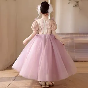 Vestido de princesa de manga curta para meninas, vestido de malha luxuoso com apliques de moda para meninas, vestido de aniversário e flores para crianças