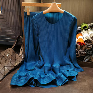 Conjunto de Dos Piezas <span class=keywords><strong>Juvenil</strong></span>, Casual, con Volantes y Pliegues, para Mujer, Otoño, Cuello Redondo, Manga Larga, Top Midi + Falda, Combinable con Todo - Product Image 2