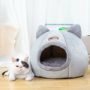 Cama para mascotas con orejas de gato, color gris, semicerrada, con acolchado, para gatos y perros. - Product Image 3