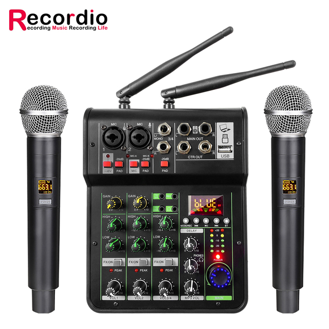 GAX-450C Audio Mixing with UHF Wireless Microphone 4 Channel Stereo Mixer Console Blueteeth USB for DJ Karaoke PC Record