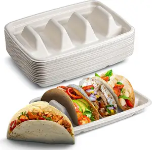 Özel Compostable şeker kamışı Bagasse Taco tepsi tutucu gıda konteyner ambalaj kutusu