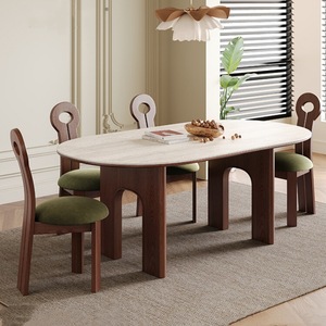 Solid Wood Oval Dining <b>Table</b> Travertine Slab <b>Walnut</b> Ash Wood Home Dining Room Furniture Stable Box Frame Structure - Product Image 3