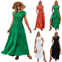 Robe midi bohème modeste pour femmes 2025, corsage smocké, manches à volants superposées, couleur unie, robe d'été