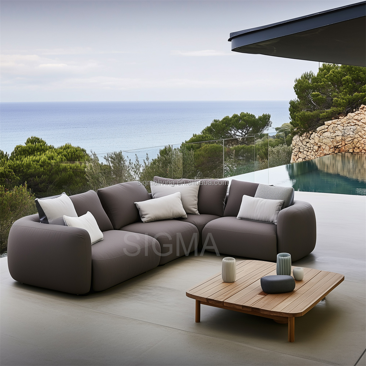 Customize All Weather Luxury Factory Patio Outdoor Furniture Hotel Pool Garden Sofa Set Outdoor Fabric Metal Frame L Shape Sofa