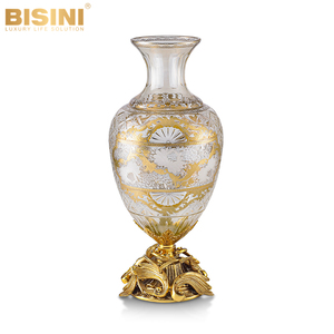 Vase en verre de cristal européen de luxe à large ouverture, base en cuivre coulé artisanal avec motif végétal doré pour une décoration é<span class=keywords><strong>l</strong></span>égante de la maison - Product Image 2