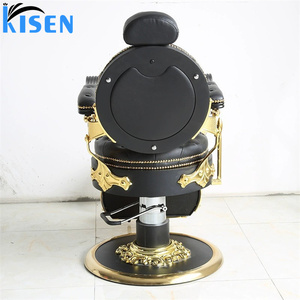 KISEN Black Faux Leather belmont Barber <b>Chair</b> with Gold Frame <b>Reclining</b> Adjustable Footrest Round Base Hydraulic Pump - Product Image 3