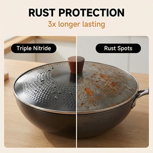 <span class=keywords><strong>Wok</strong></span> de Hierro Fundido de Alta Pureza con Tapa de Vidrio Templado, Mango de Madera Anti-Quemaduras, Compatible con Estufas de Inducción, Negro, 8-12L - Product Image 3