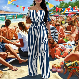 Combinaisons pour femmes, style décontracté, sexy, à fines bretelles, à rayures, coupe ajustée, pantalon long à jambes larges, sans manches, respirantes, taille haute - Product Image 2
