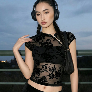 Camiseta moderna china de malla con estampado flocado y botones de rana, sexy, transparente, ajustada, de manga corta para mujer - Product Image 3