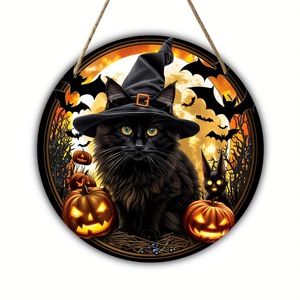 Decoración de fiesta de Halloween de madera más vendida, letrero colgante, sombrero de bruja, gato, letrero de puerta espeluznante, suministros de ambiente para fiestas y vacaciones - Product Image 3
