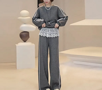 Ensemble décontracté pour femmes de style coréen 2025, respirant, en tissu tissé, deux pièces, sweat-shirt et pantalon, ourlet en dentelle, ensemble unique