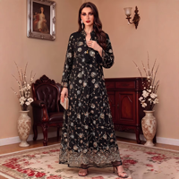 Abaya pour femmes musulmanes, col en V, manches longues, broderie florale à sequins, design à franges, polyester, élégante, modeste, coupe ample, robe maxi