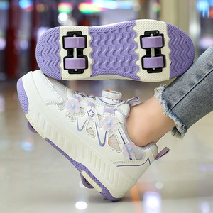 Chaussures de skate pour filles avec roulettes, motif floral, bout rond, doublure en maille, semelle extérieure en caoutchouc, style plateforme, toutes saisons, respirantes, à lacets - Product Image 3