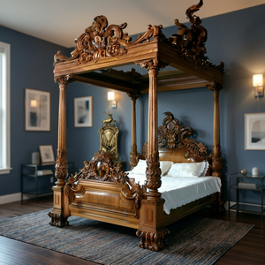 Luxury Hand Carved Solid Wood Four <b>Poster</b> Bed Antique Style Royal Palace Bedroom Furniture Bed <b>Frame</b> - Product Image 2