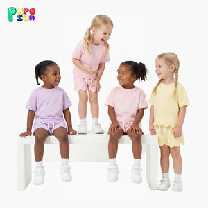 Puresun Solid 100% biologisch katoen kinderkleding groothandel set met gegolfde zoom, custom baggy casual zomer meisjes shorts sets - Product Image 2