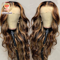 Perruques en cheveux humains brésiliens Remy, ondulées, avec mèches colorées 200%, Lace Front HD transparente 13x6, 30-40 pouces, Blond Miel