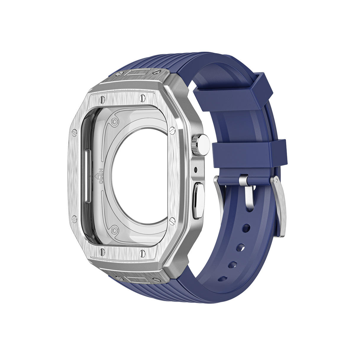 Silver frame with navy blue strap