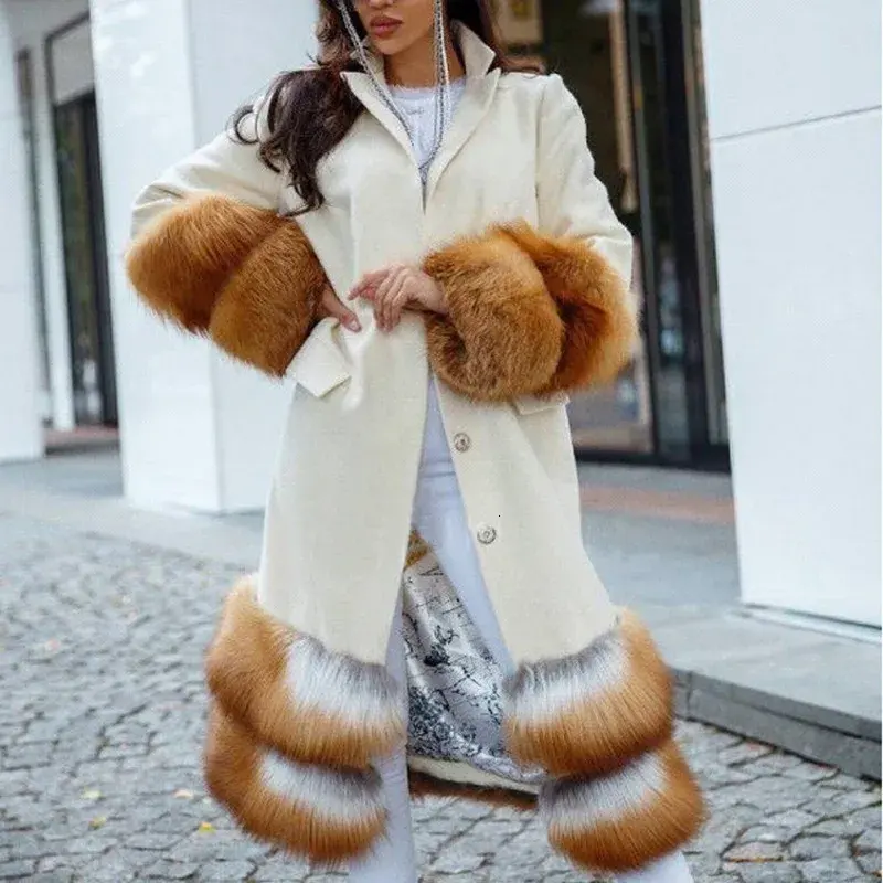 Grosir mantel bulu rubah panjang wanita buatan tangan asli mantel rubah kasmir dengan manset kerah bulu Mongolia yang dapat dilepas
