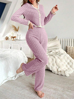 Ensemble de salon côtelé automne-hiver, manches longues, bordure en dentelle, pyjamas, vêtements de nuit doux, ensemble de pyjama 2 pièces pour femmes