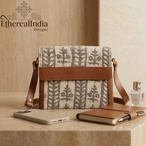 Handmade Beige Block Print Sling Bag Cotton <b>Rug</b> Crossbody with Rexine Strap <b>Boho</b> Purse - Product Image 4