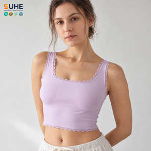 SUHE Women's <b>Lace</b> Trim Square Neck Crop <b>Tank</b> <b>Top</b> Solid Color Breathable Spandex Cotton Yoga <b>Top</b> - Product Image 3