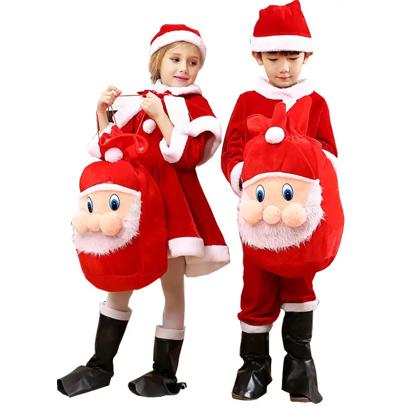 Goedkope Kerstkleding Voor Kinderen Kerstmuts Flanellen Rode Kerstman Jurk Pak Kerst Kids Kleding Cartoon Rugzak