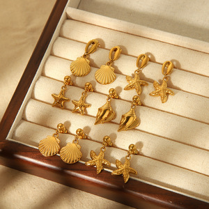Pendientes de acero inoxidable chapados en oro de 18k con diseño de conchas y estrellas de mar de la serie Fashion Ocean para mujer, joyería de regalo. - Product Image 1