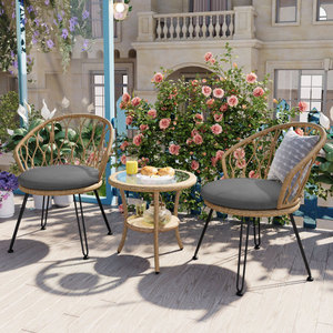 Oehome Outdoor Leisure Set 2 Rattan Single <b>Chairs</b> with Glass Round <b>Table</b> <b>Foldable</b> & Portable Eco-Friendly 5-Year Warranty - Product Image 2