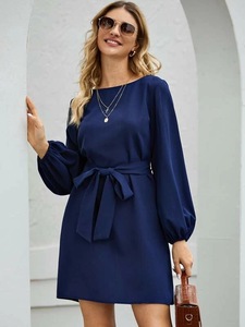 <span class=keywords><strong>Robe</strong></span> Courte <span class=keywords><strong>Femme</strong></span> Élégante à Manches Longues et Col Rond, Couleur Unie, Taille Nouée, Manches Bouffantes, Idéale <span class=keywords><strong>pour</strong></span> Soirées et Tenues Décontractées d'Automne - Product Image 6