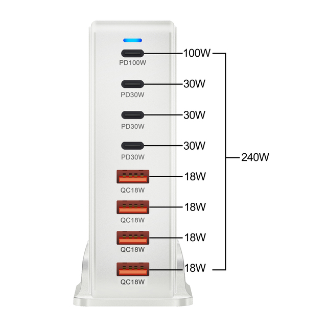 240W Gan MultiPort Charger 4 Ports USB C to 4 Ports USB a High Power Adapter Fast Charging for Switch for Laptop for iPhone
