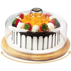 Factory Outlet Bamboe Roterende Houten Wedding Cake Stand Met Glazen Koepel Deksel