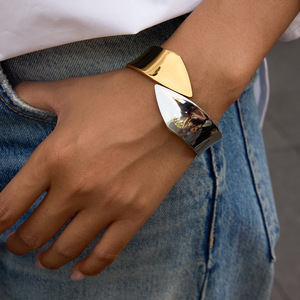 Geometric Stainless Steel <b>Bangle</b> Gold <b>Silver</b> Two Tone Spring Closure Unisex Jewelry Fashion <b>Bracelet</b> - Product Image 3