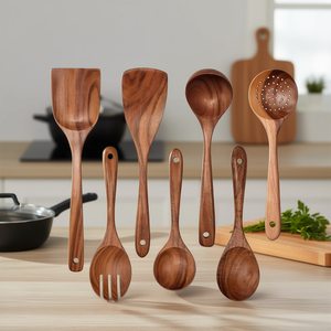 Ensemble d'ustensiles de cuisine en bois 7 pièces, teck brun, antiadhésif, compatible four, lavage à la main uniquement - Product Image 2