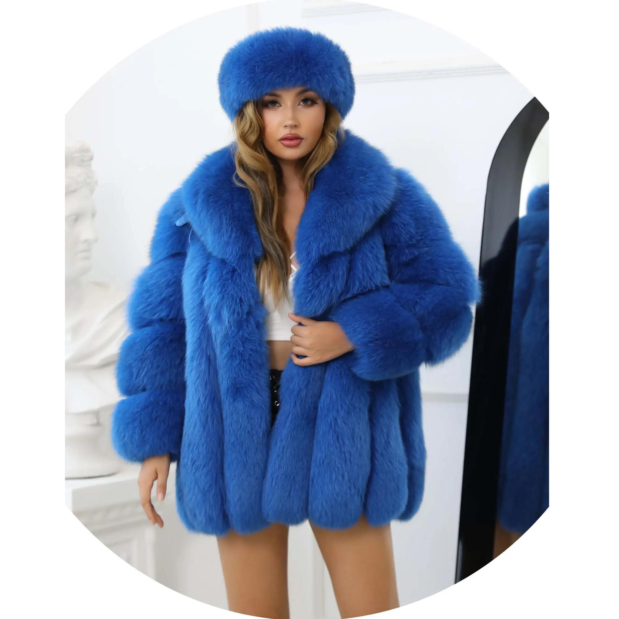 Cappotto lungo all'ingrosso invernale giacca di vera pelliccia di volpe spessa cappotto di pelliccia di volpe blu naturale da donna