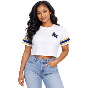 Camiseta Corta Personalizada para Mujer, con Rayas en las Mangas, Estilo Universitario, Algodón, Ropa Urbana, Marca Privada, Fabricante OEM, Venta al Por Mayor - Product Image 3