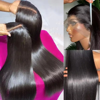 Perruques en cheveux humains indiens bruts, lisses et raides, de 32 pouces de long, vente en gros, 100% naturelles, noires, avec cuticules alignées, perruques frontales en dentelle HD