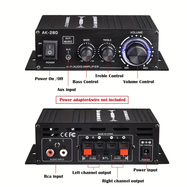 OEM AK-280 High Power 2-Channel Stereo Amplifier with Button Control Auxiliary Input Shelf Mount Design