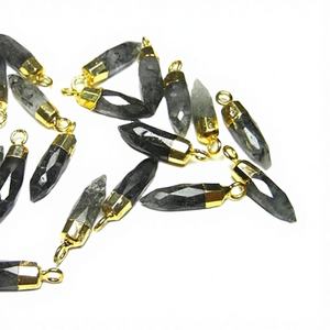 Pendentifs Breloques Vintage en Argent Sterling Plaqué Or avec Pierre Précieuse Rutile Noir, Forme Tête de Balle Pointue 16x5mm, pour Fêtes - Product Image 1