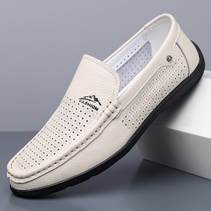 Mocasines de cuero para hombre, con punta redonda, sin cordones, forro de malla transpirable, suela de goma, zapatos casuales para todas las estaciones - Product Image 1