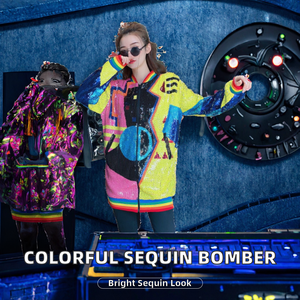 Women's Geometric <b>Sequin</b> Bomber <b>Jacket</b> Spring Autumn Eco-Friendly Breathable Loose Oversized Zip Colorful Graphic Long <b>Sequin</b> - Product Image 2