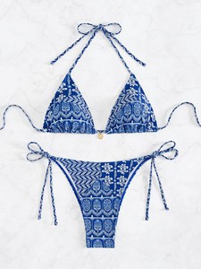 Bikini Wanita OEM Seamless Cepat Kering 2 Set Tali Cetak Lapis Ganda Ruffle Halter Logo Kustom Label Pribadi BSW Hot Sale - Product Image 6